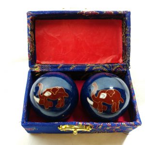 Blue baoding balls with elephant design in a box