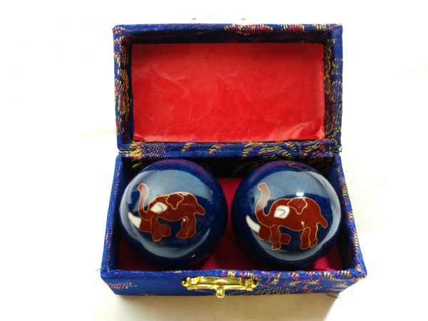 Blue baoding balls with elephant design in a box