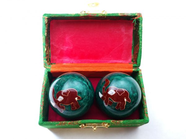 Green baoding balls with elephant design in a box