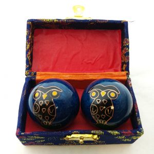 Blue baoding balls with owl design in a box