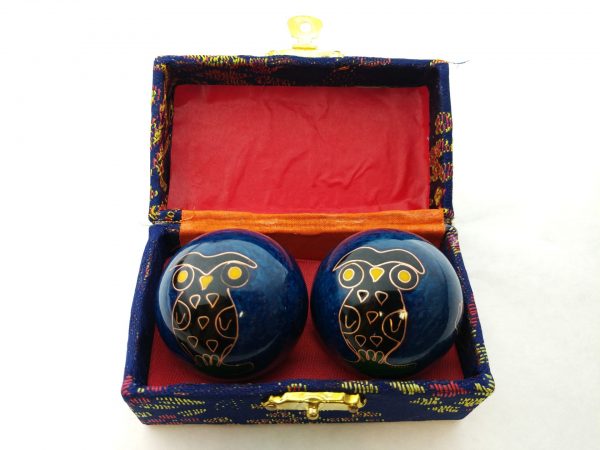 Blue baoding balls with owl design in a box