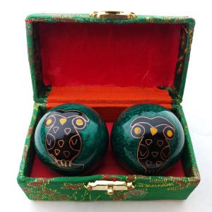 Green baoding balls with owl design in a box