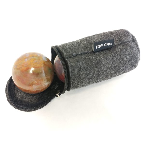 Baoding balls made from fancy jasper gemstone in carry pouch