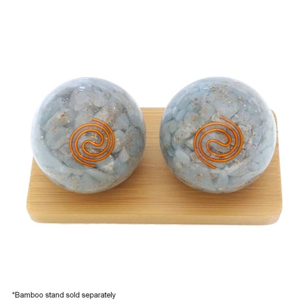 Medium angelite orgonite baoding balls with display stand