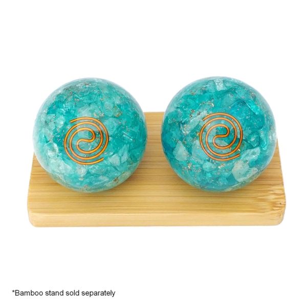 Aquamarine quartz orgonite baoding balls on display stand