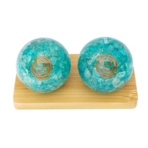 Aquamarine quartz orgonite baoding balls on display stand