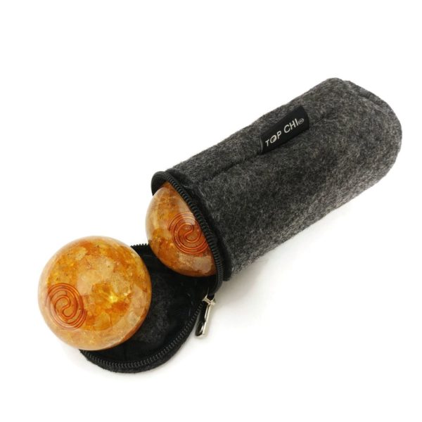 Citrine orgonite baoding balls in a carry bag