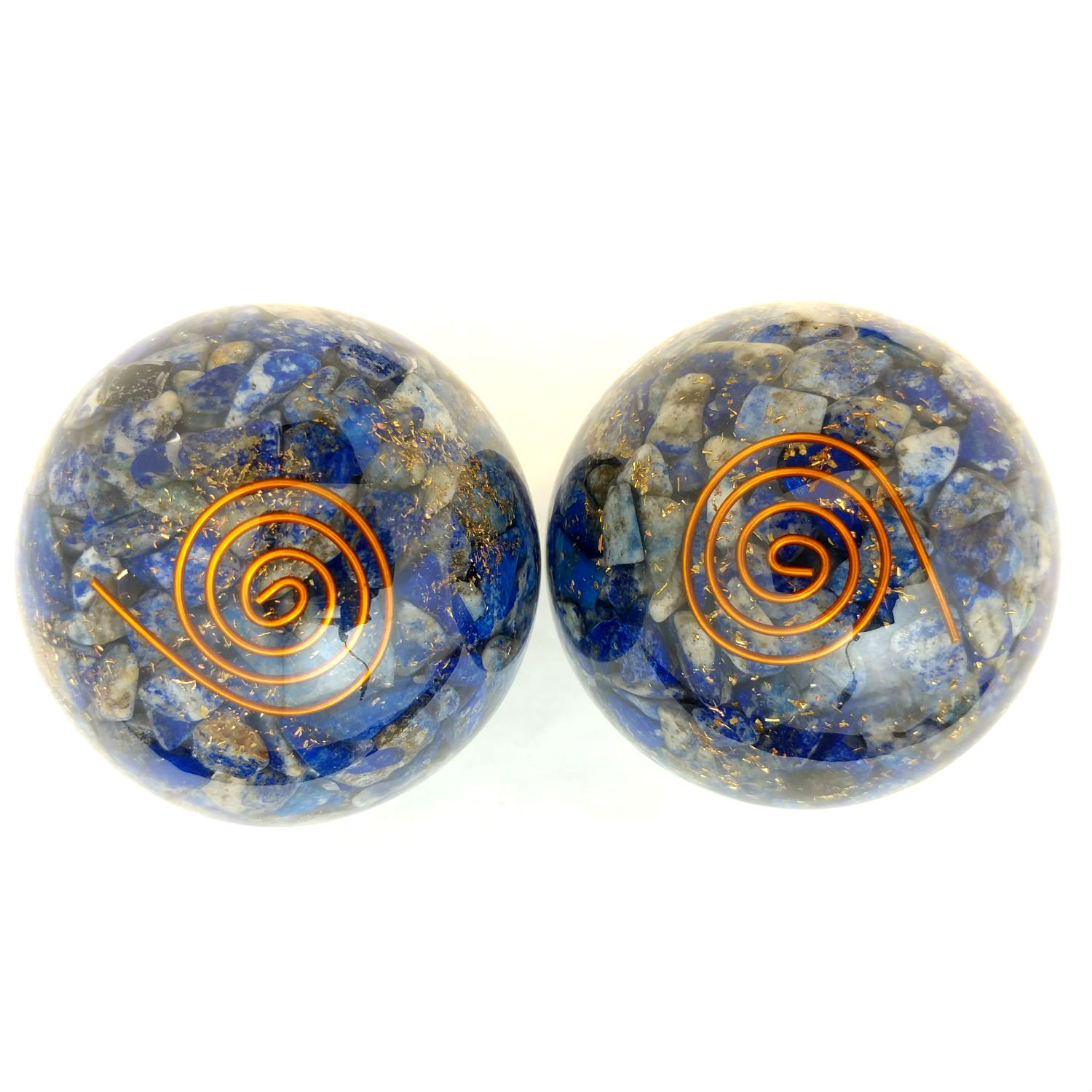 Two lapis lazuli orgonite baoding balls with copper spiral designs