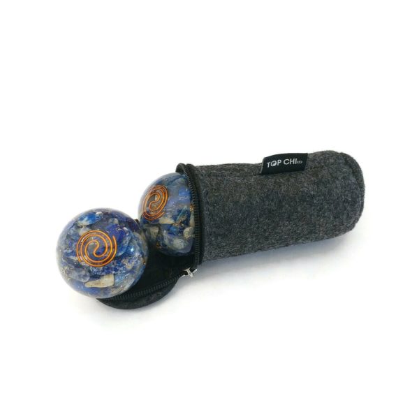 Lapis lazuli orgonite baoding balls in a carry bag