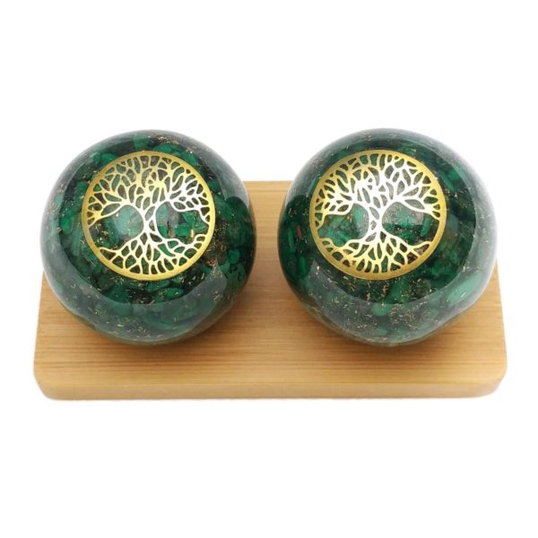 Malachite orgonite baoding balls with tree of life design and display stand