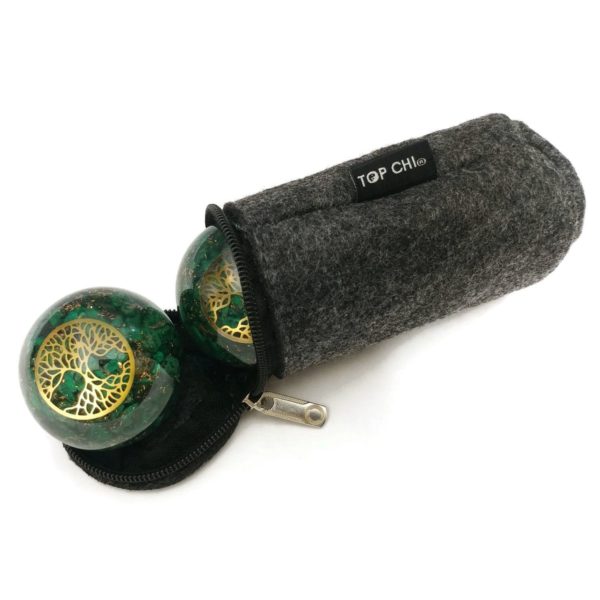 Malachite orgonite baoding balls with tree of life design and carry bag