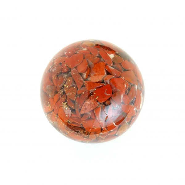 Single red jasper orgonite ball showing the back