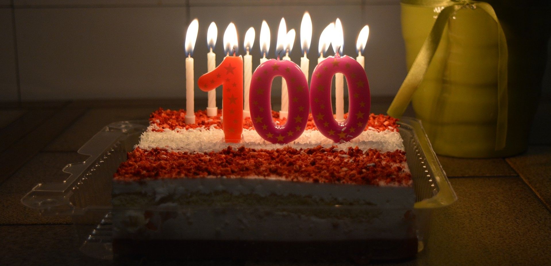 Birthday cake with candles for 100 year old