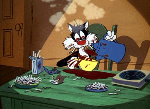 Sylvester cat stressed out drinking coffee and smoking