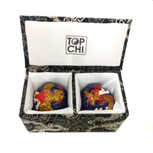 Dragon and phoenix baoding balls in a deluxe brocade box