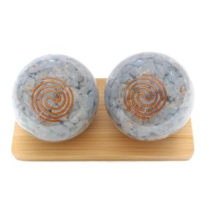 Large angelite orgonite baoding balls with display stand