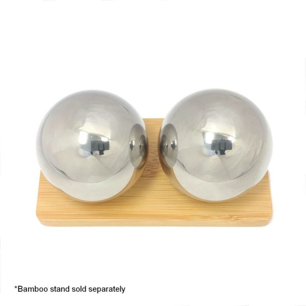 Stainless steel baoding balls on a display stand